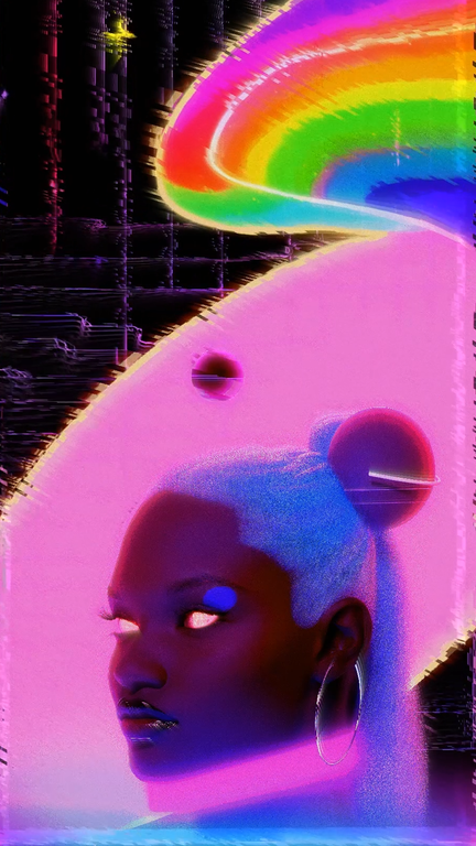 a futuristic and colorful image of a person with a rainbow on their head