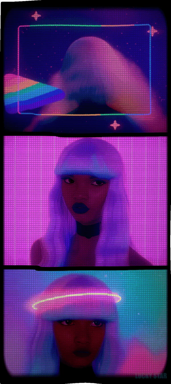 an image of a person with purple hair and neon lights