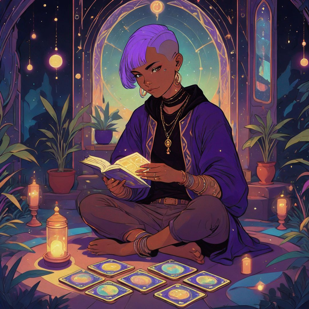 A person with purple hair sitting on the floor reading tarot cards.