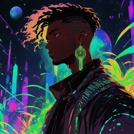 an illustration of a person with dreadlocks and neon lights in the background