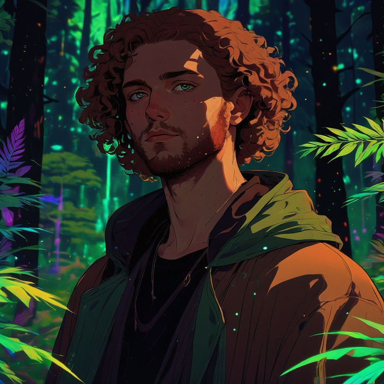 a person with curly hair standing in the middle of a forest