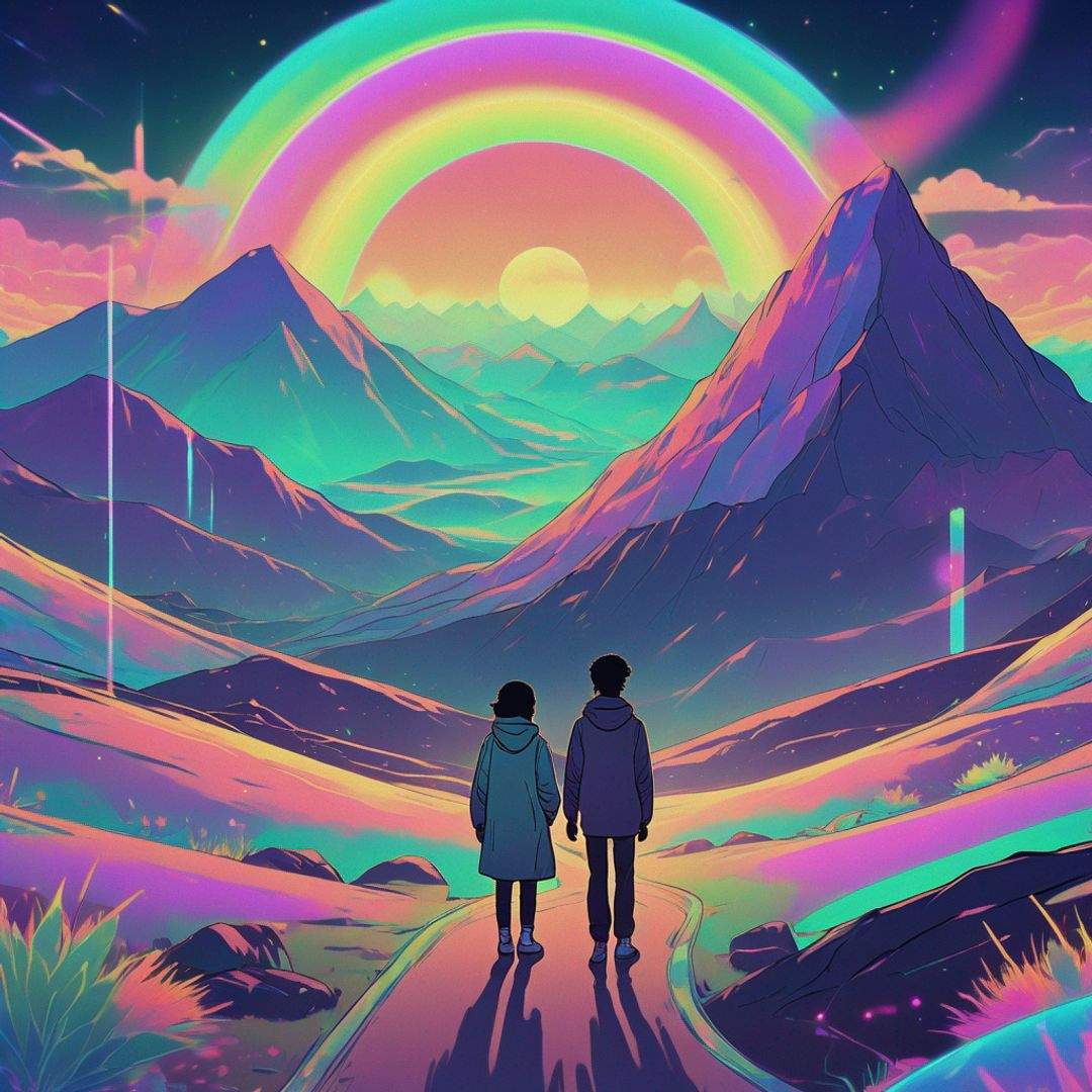 two people standing in front of a rainbow with mountains in the background