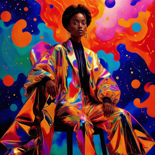 a painting of a woman sitting on a chair in front of a colorful background