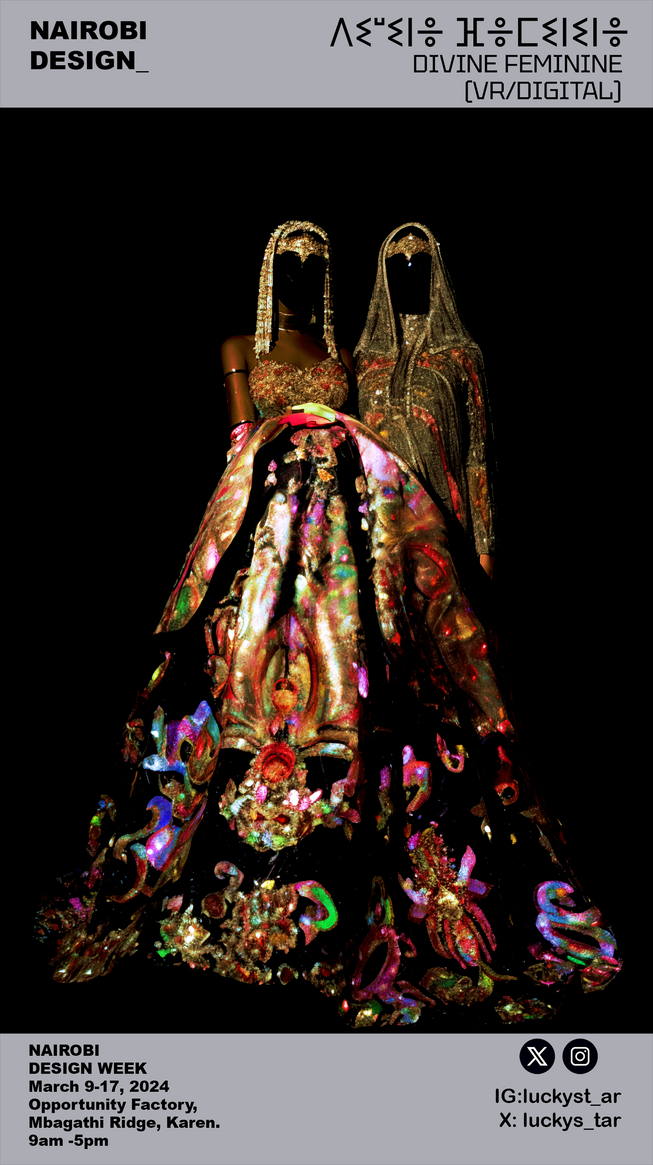 two beings dressed in elaborate outfits stand in front of a black background