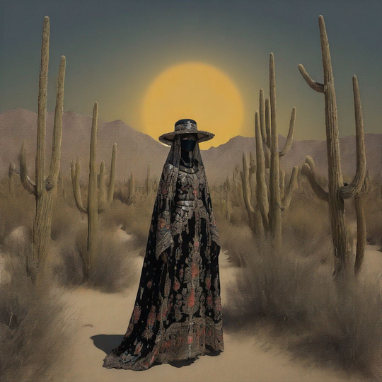 a person in a black dress and hat standing in the desert