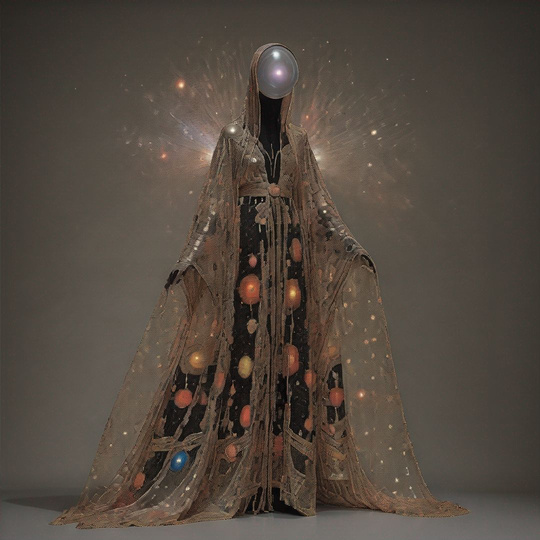 an image of a galactic being wearing a celestial dress with stars on it