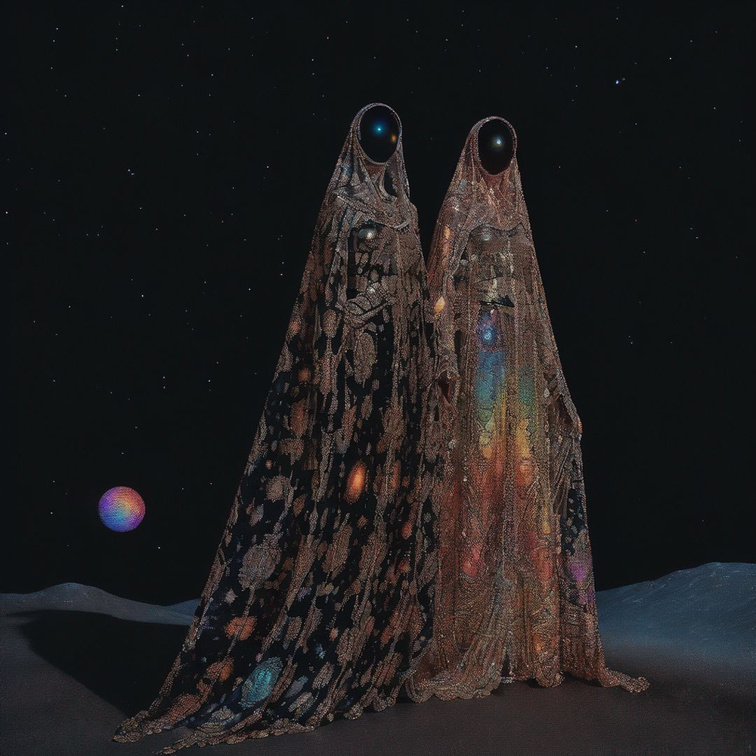 two celestial individuals dressed in long elaborate golden gowns standing in front of the moon