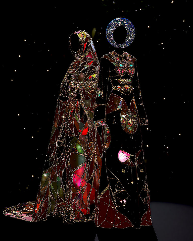 two galactic individuals in elaborate celestial outfits stand in front of a starry sky