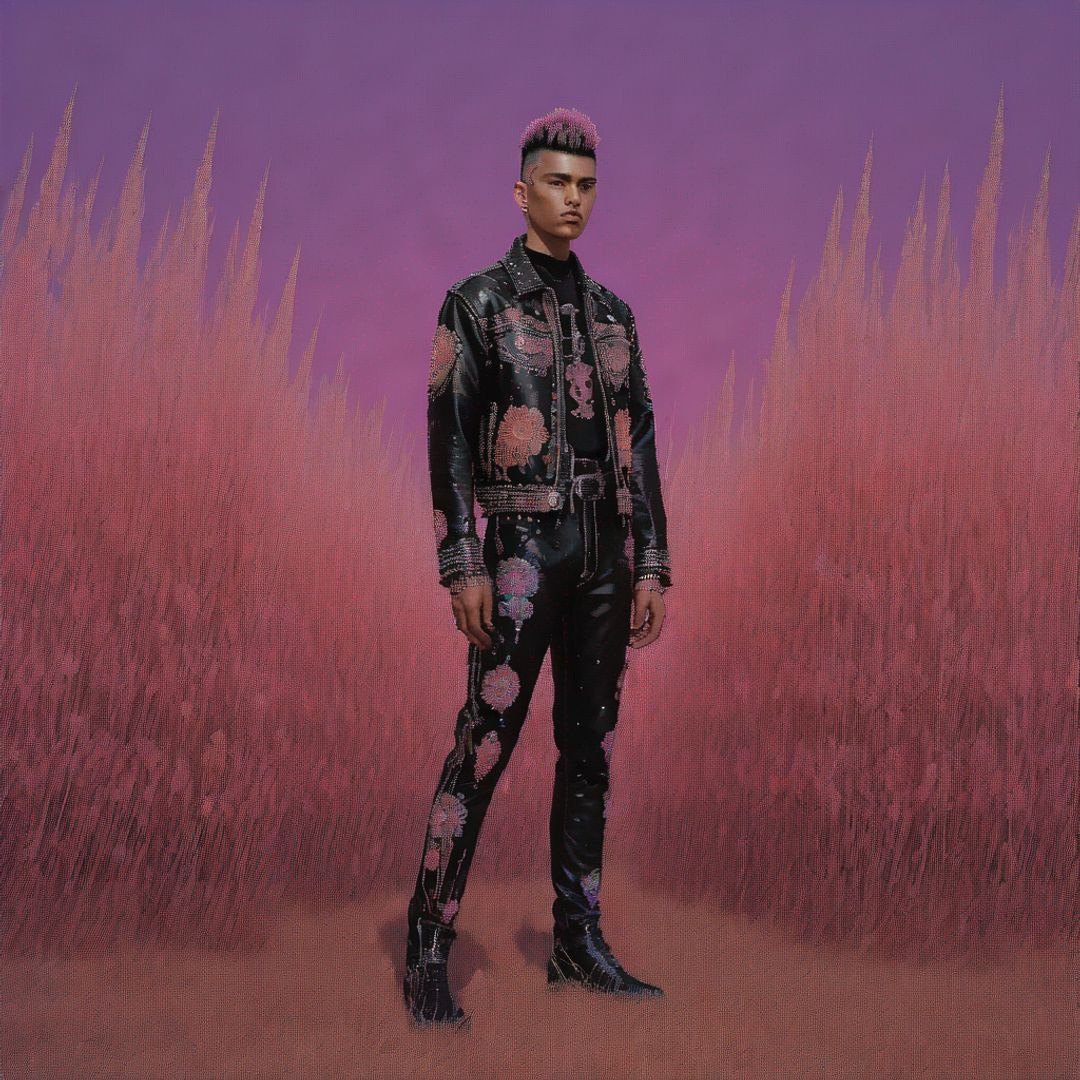 a person with short pink hair, wearing elaborate leather clothing, standing in the middle of a field