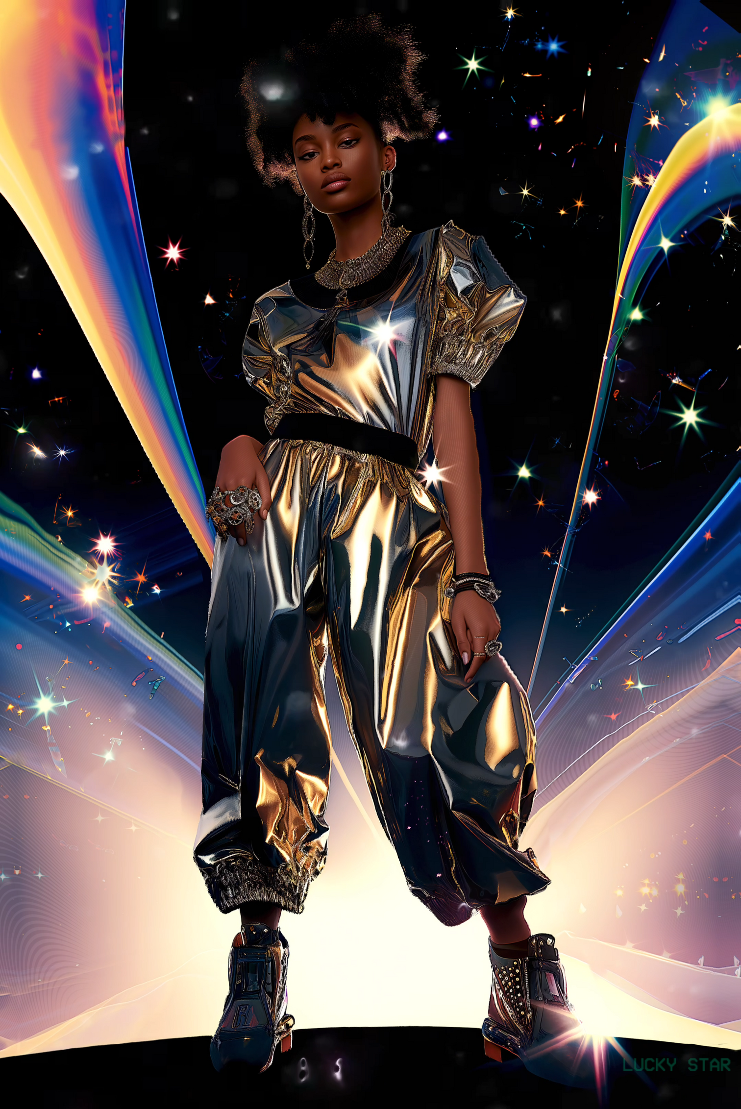 a person in a metallic dress standing in front of a background with rainbows