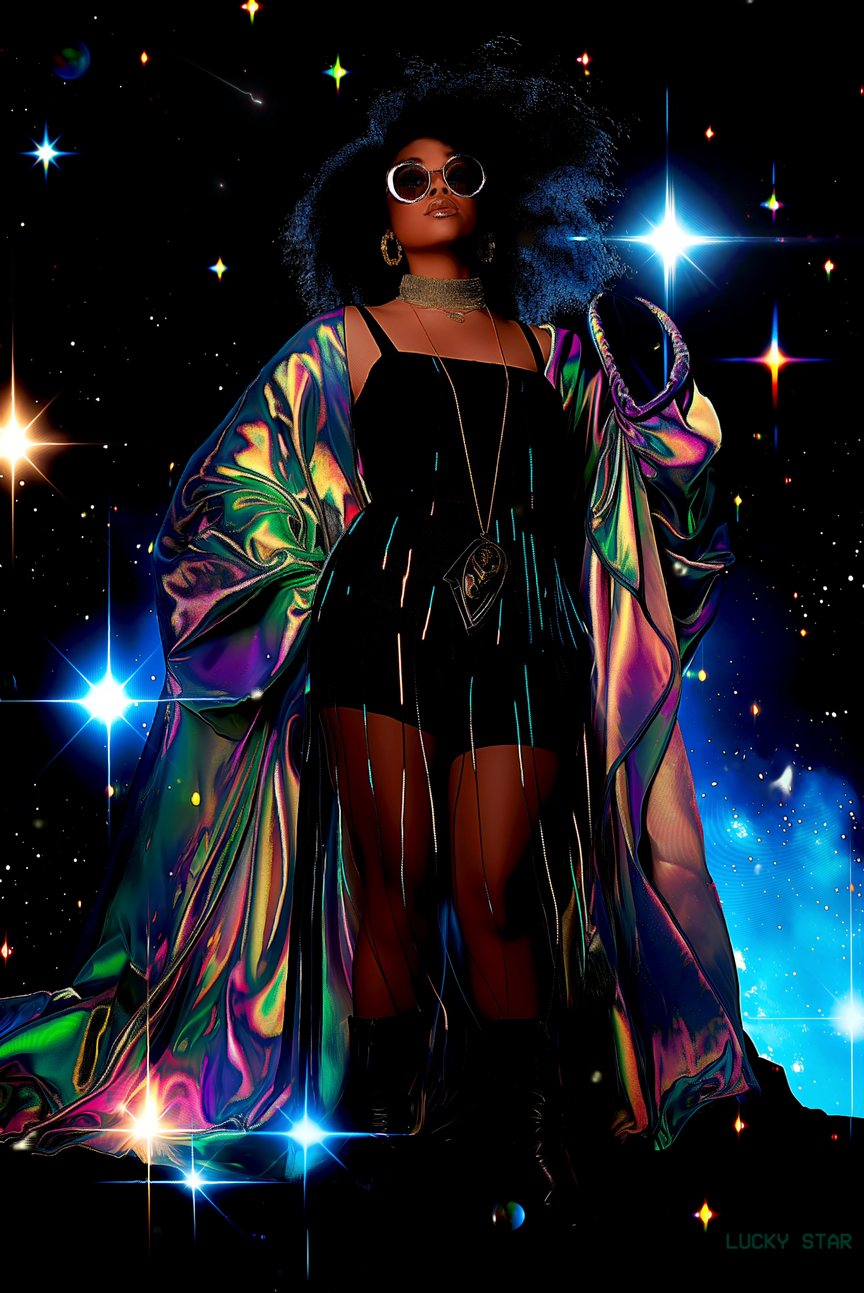 an image of a fashionable person in a celestial outfit with stars in the background