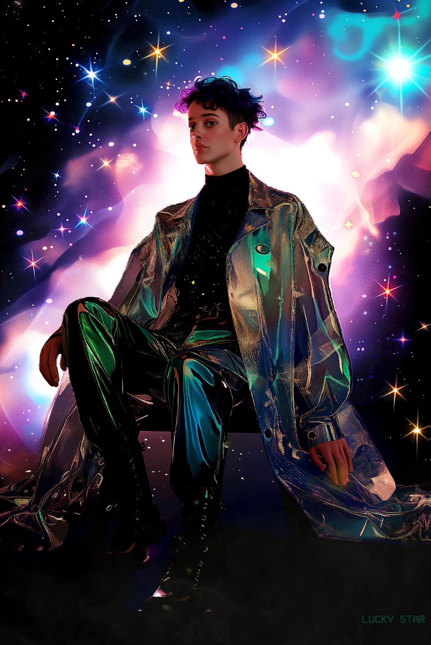 a fashionable person sitting on a chair in front of a galaxy background