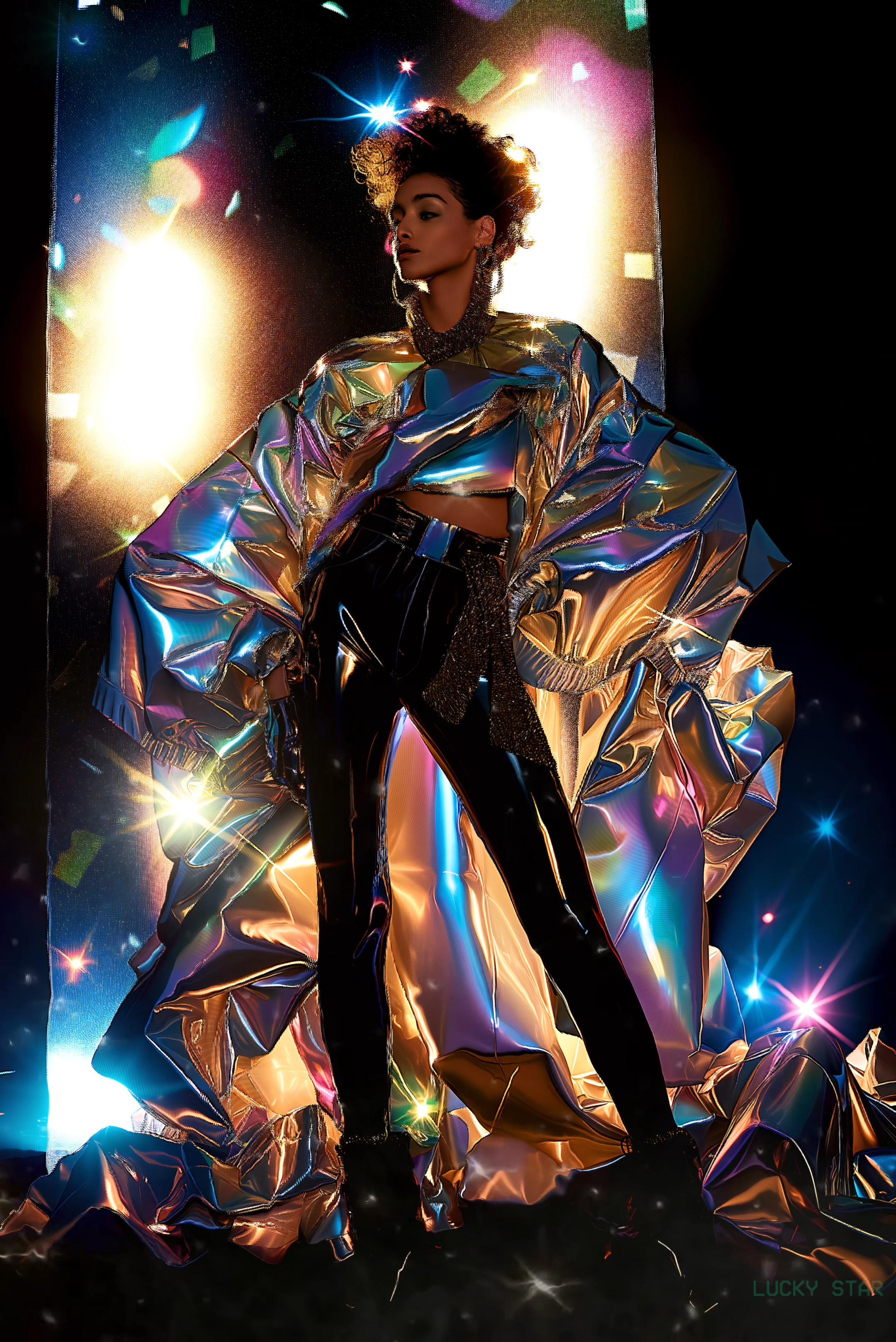 an image of a person in shiny clothes standing in front of stage lights