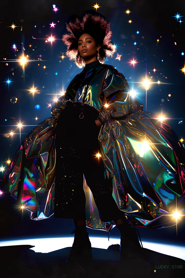 a fashionable person standing in front of a starry background